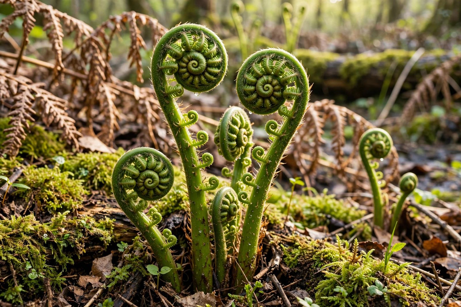 Green ferns in the forest understory