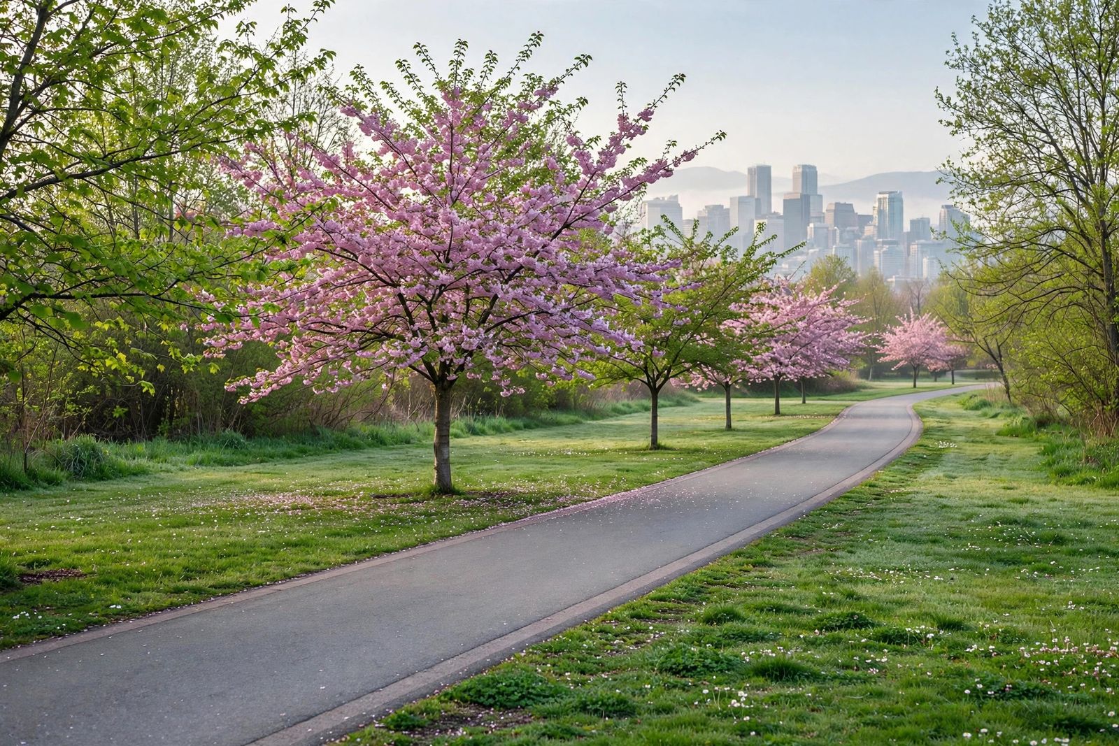 A city park path lined with trees