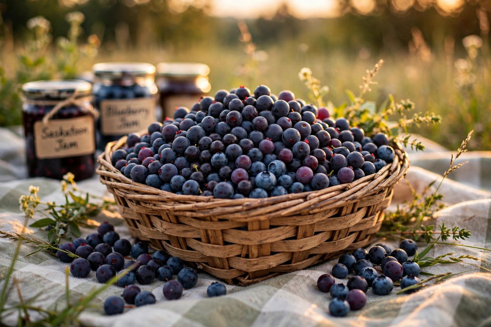 A bowl of fresh wild blueberries and saskatoon berries