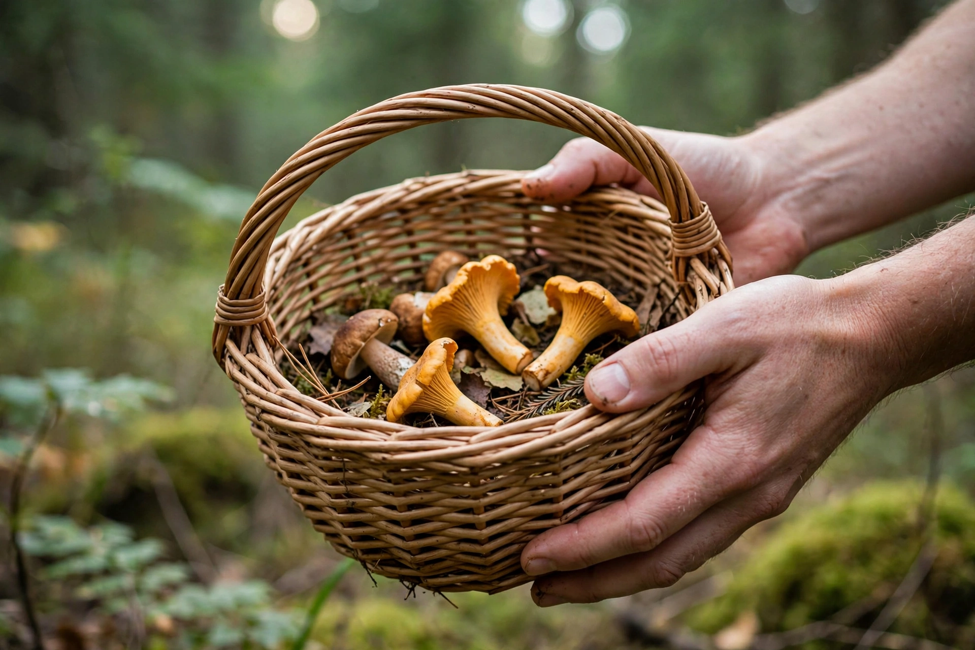 Hands holding a woven foraging basket